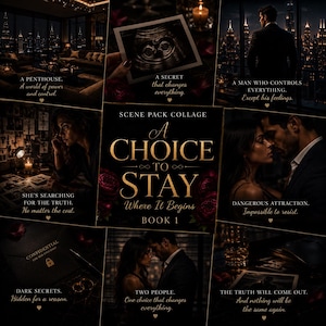 Op de afbeelding: Een collage van afbeeldingen met tekst uit het boek "A Choice to Stay". De afbeeldingen tonen een penthouse, een echo, een man die over een stad uitkijkt, een zoekende vrouw en een omhelzend paar.