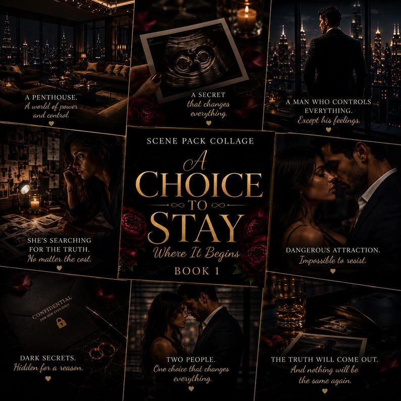 Op de afbeelding: Een collage van afbeeldingen met tekst uit het boek "A Choice to Stay". De afbeeldingen tonen een penthouse, een echo, een man die over een stad uitkijkt, een zoekende vrouw en een omhelzend paar.