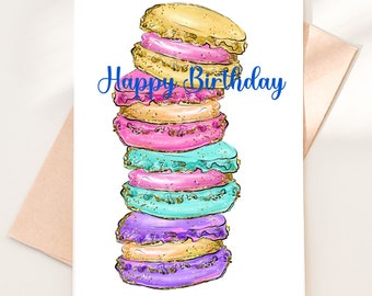 Carte de voeux d'anniversaire imprimée, carte d'anniversaire de gâterie sucrée, carte d'anniversaire de macaron, carte d'anniversaire de petit gâteau, carte d'anniversaire de gâteau