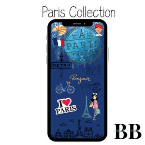 May include: A smartphone case featuring a blue background with various Parisian-themed illustrations. The design includes a croissant, French flag, Eiffel Tower, and the text "Paris Collection". The case also has the text "I Love Paris".