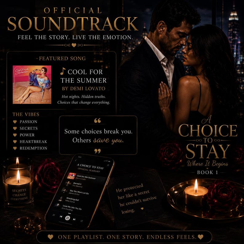 Op de afbeelding: Een promotionele afbeelding voor een offici&euml;le soundtrack, met de tekst "A Choice to Stay". De afbeelding bevat een boekomslag, een smartphone met een afspeellijst en een kaars. Het nummer is "Cool for the Summer" van Demi Lovato.