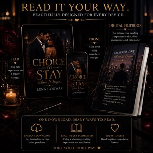 Op de afbeelding: Een advertentie voor het boek "A Choice to Stay" van Lena Conway, weergegeven op een iPad, telefoon en een fysiek boek. De afbeelding toont de omslag van het boek en tekst die digitale en gedrukte formaten promoot.