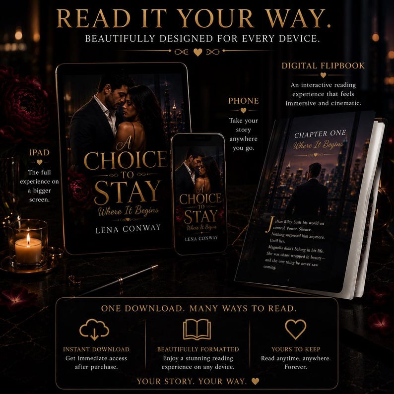 Op de afbeelding: Een advertentie voor het boek "A Choice to Stay" van Lena Conway, weergegeven op een iPad, telefoon en een fysiek boek. De afbeelding toont de omslag van het boek en tekst die digitale en gedrukte formaten promoot.