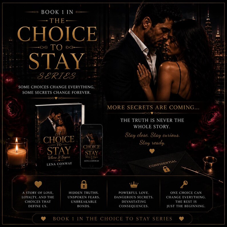 Op de afbeelding: Promotieafbeelding voor de serie "The Choice to Stay", met een boekomslag en een stel. De afbeelding bevat een boek, een telefoon en tekst met de tekst "More secrets are coming" en "Stay close. Stay curious. Stay ready."