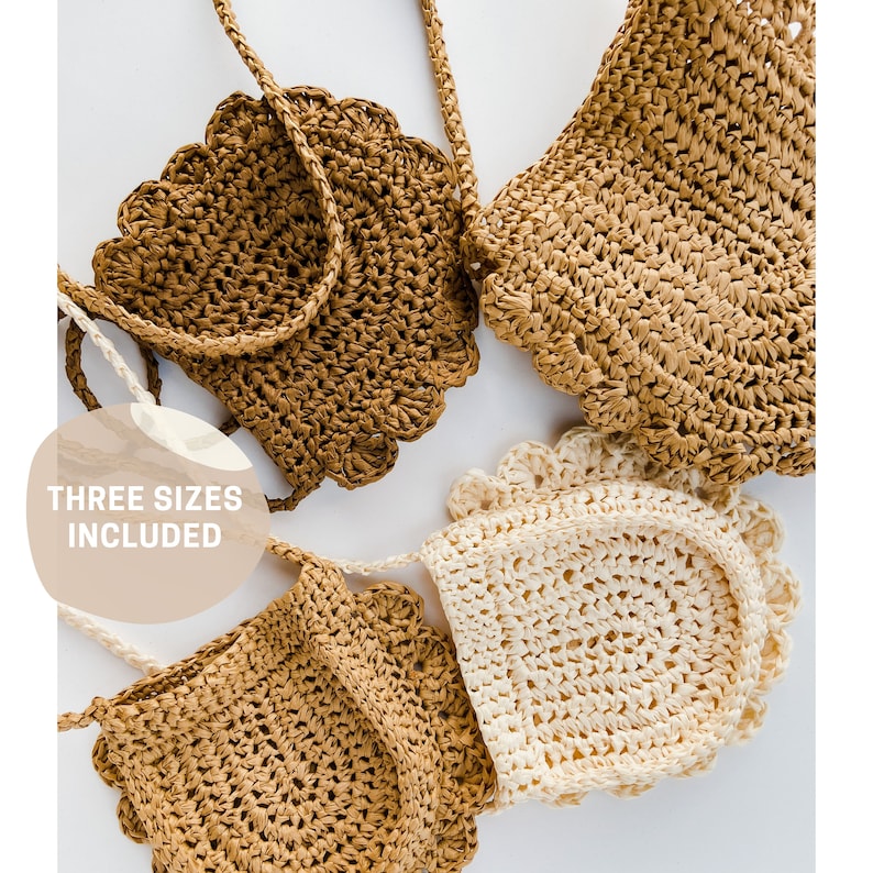 May include: Three crocheted bags in brown and cream with scalloped edges. The text "THREE SIZES INCLUDED" is on a beige background.