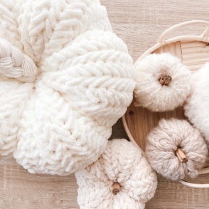 May include: Four white crocheted pumpkins of varying sizes and textures. The pumpkins are arranged on a wooden tray with a woven pattern.
