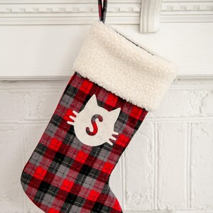 Christmas stocking, black/red/grey buffalo plaid, cat stocking, personalized stocking, buffalo plaid stocking