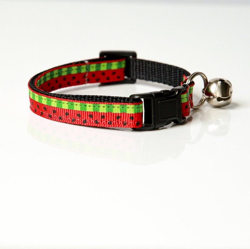 Cat Collar handmade cat collar, watermelon, summer style, picnic, safety clasp, removable bell image 2