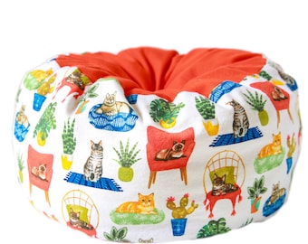 Flannel Cat bed - cat and plants, round cat bed , flannel bed, machine washable cat bed, summer cat bed