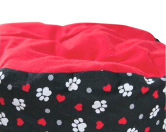 Pet Bed- handmade pet bed, round, fleece, soft, machine washable - paw print, heart, red, white, flannel