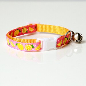 Cat Collar - handmade cat collar, summer design, lemon print cat collar, yellow cat collar, pink, safety clasp, removable bell