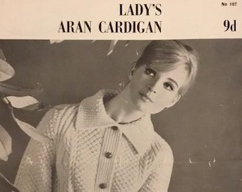 Vintage Kearney Bros Lady’s Aran Cardigan Knitting Pattern no. 107 / Bust 34”-36”-38”