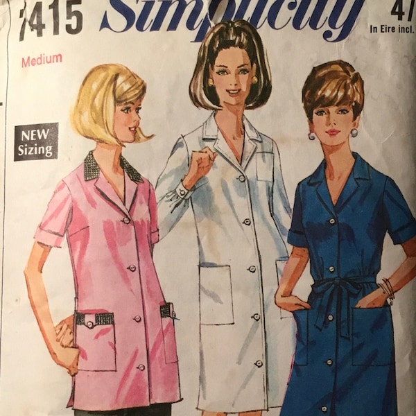 Vintage 1967 Simplicity Misses’ and Women’s Housedress Or Overall Sewing Patten no. 7415 - Size Medium 12/14 - Bust 34”-36”