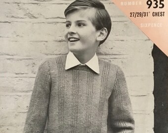 Vintage Wendy Boy’s Pullover Knitting Pattern no. 935  / Chest 27”-29”-31”