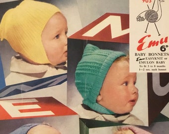 Emu Baby Bonnets Knitting Pattern no.903 - To Fit 3 to 8 Months