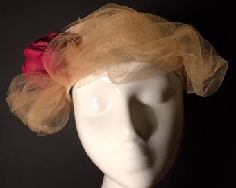 Vintage Straw Cap Draped with Peach Tulle and Dark Pink Roses