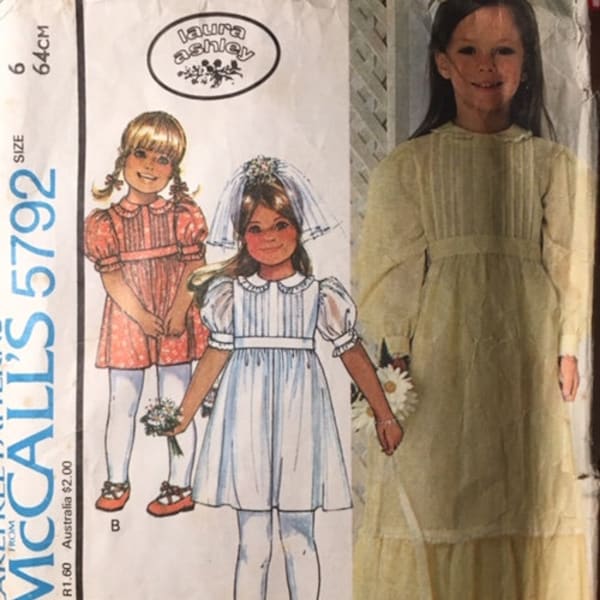 Vintage 1977 McCall’s Carefree Patterns Laura Ashley Child’s Dress in Two Styles Sewing Pattern no. 5792 - Size 6 / Chest 25” - 64cm