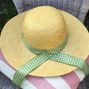 Vintage Straw Hat with Green Check Ribbon Trim - Medium 55cm-56cm