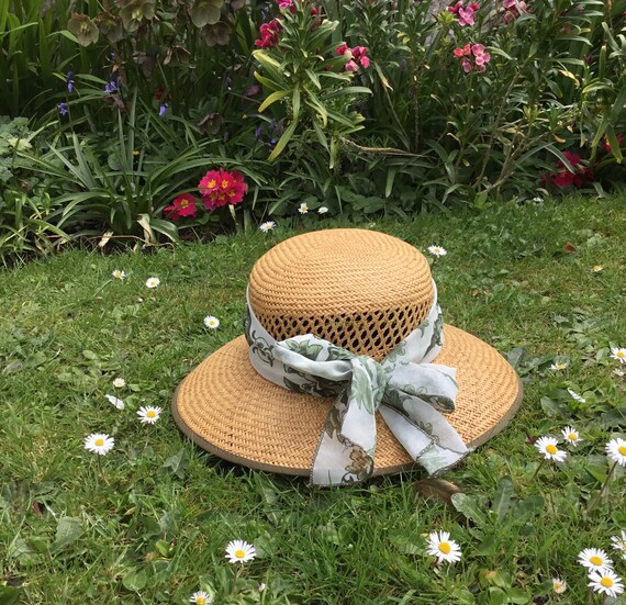 Vintage Straw Hat With Green Scarf Tie 
