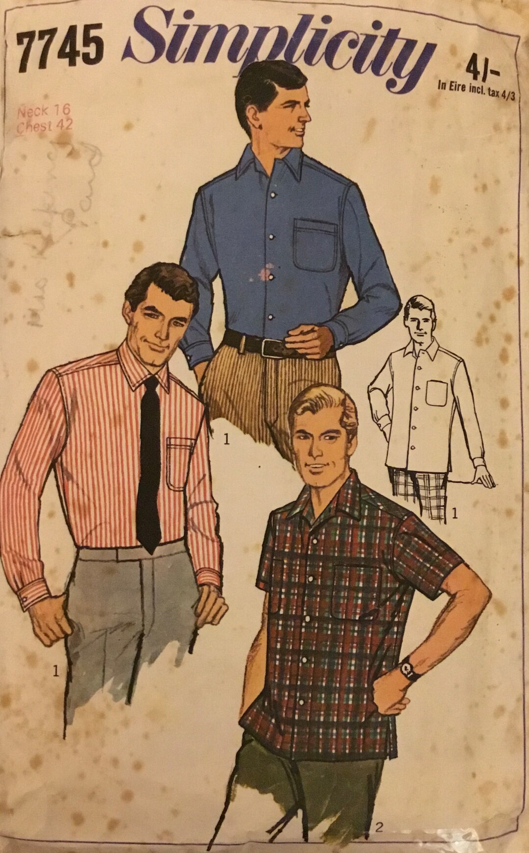1968 Simplicity Style Patterns Mens Tapered Sport Shirt Sewing Pattern ...