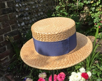 Vintage Ridgmont Make School Boater Straw Hat with Blue Trim - Small 53.5-54cm