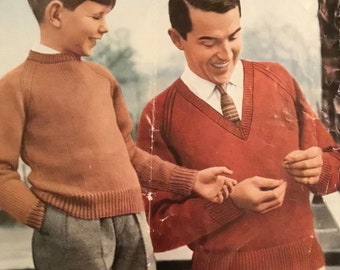 Vintage 1960 Marriner Raglan Pullover with V Neck or Round Neck Knitting Pattern no. 542 - Chest 24”-48”
