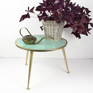 50s solid plant stand, mcm plant stool, mosaic coffee table, side table with three legs, east Germany, Mid Century