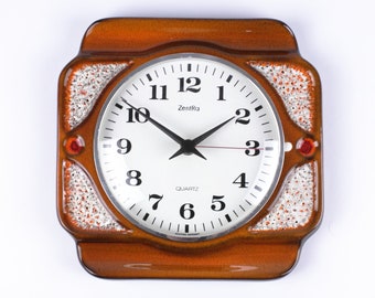 70s kitchen wall clock, orange brown ceramic clock, vintage kitchen clock, west Germany, mid century