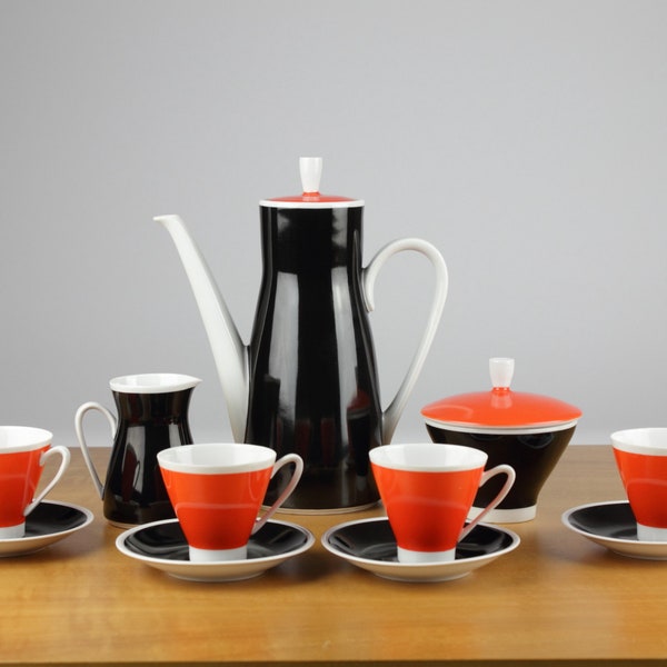 50s porcelain expresso set for 4 persons, creamer, suggar box, coffee pot, by Freiberger, East Germany, mcm coffee set