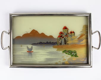 Mid Century serving tray, vintage platter, metal with glass, nacre, 60s, east Germany