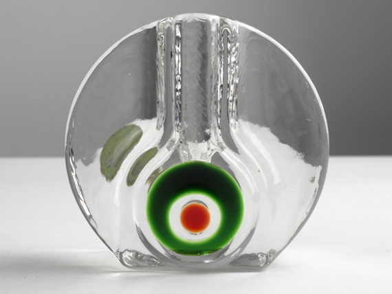 Large Crystal Block Glass Vase Green Red By Walter 70s Etsy