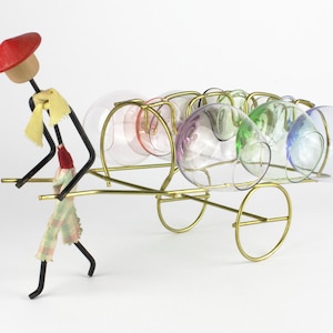 Bror Bonfils wire figure, 50s set of 6 multi colored shot glasses, liquor glasses, Denmark, Mid Century