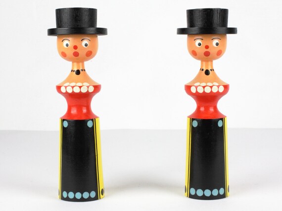 木製のヴィンテージ キャンドル ホルダー ペア、回転塗装された