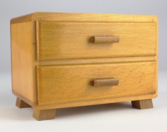 Portagioie vintage in legno anni '50, due cassetti, legno di frassino, arti e mestieri della Germania dell'Est, metà secolo