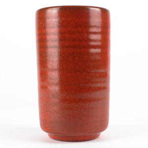Karlsruher Majolica red cylindrical cermic vase, 70s, west German pottery, Mid Century red ceramic vase