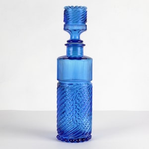 Tall Italian Empoli glass carafe, blue glass decanter, Italy, mid century, 70s vintage glass bottle