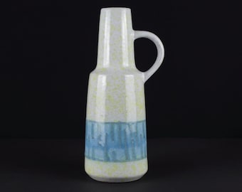 Tall Haldensleben vintage ceramic vase, 70s, fat lava decor, yellow blue white, East German pottery, Mid Century