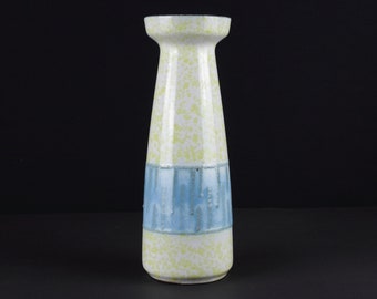 Haldensleben vintage ceramic vase, 70s, fat lava decor, yellow blue white, East German pottery, Mid Century