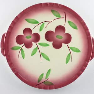 Art deco cake plate, red green flower &quot;Spritzdekor&quot;, vintage ceramic 30s, 40s, west German pottery, Mid Century