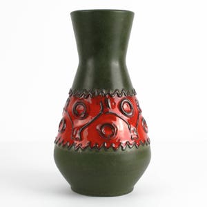 Vintage ceramic vase green red by Carstens, 70s, west German pottery, Mid Century