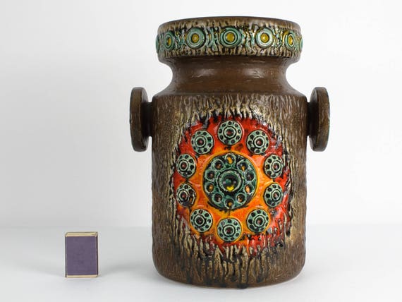 Tall Vintage Ceramic Vase, Orange Red Green Brown, by Duemler