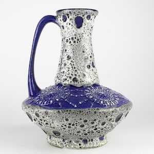 Walter Gerhards blue white fat lava ceramic vase, 70s, West German pottery, Mid Century