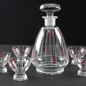 Set anni &#39;50 di decanter in vetro e bicchieri da sei colpi, caraffa di vetro, Germania est, metà del secolo