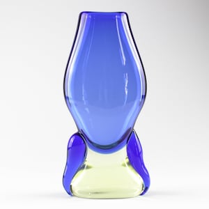 Tall Blue crystal glass vase, Czech glass work by Zemek for Zelezny Brod Sklo, 50s-60s vintage, Mid Century Modern