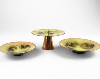Yellow/green enameled copper set, vintage copper bowl, candle holder, East Germany, Mid Century 50s 60s