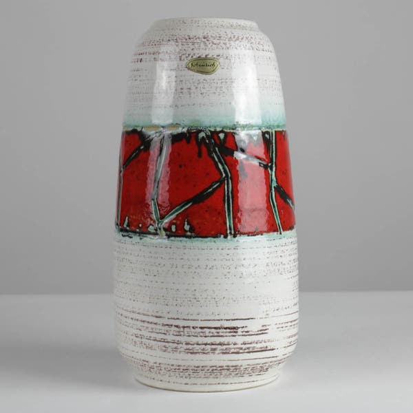 Vintage Keramik Vase, 60er-70er Jahre, weiß rot grün, von Scheurich, West German Pottery, Mid Century
