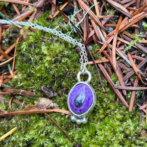 May include: A silver pendant necklace featuring a purple stone with dark inclusions. The oval-shaped stone is set in a silver bezel and hangs from a delicate silver chain. The necklace is displayed on a bed of green moss and brown pine needles.