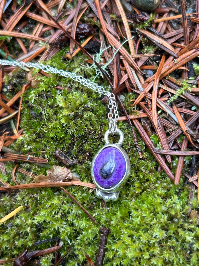 May include: A silver pendant necklace featuring a purple stone with dark inclusions. The oval-shaped stone is set in a silver bezel and hangs from a delicate silver chain. The necklace is displayed on a bed of green moss and brown pine needles.