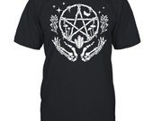 womens wiccan pentacle wreath with skeleton hands and crystals shirt