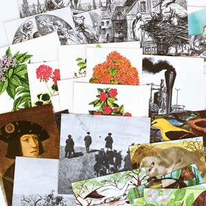 May include: A collection of vintage postcards featuring a variety of images, including flowers, a steam engine, a bird, and a group of people. The postcards are in various colors and styles.